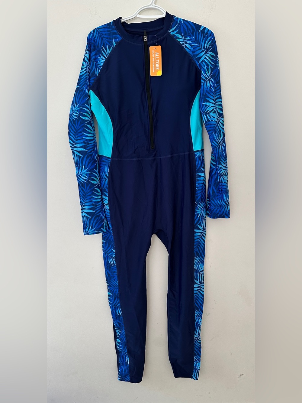 Woman’s Full Body Rash Guard Navy Blue Long Sleeve Swimsuit with Tropical Print - Picture 3 of 10